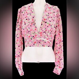 Miu Miu vintage 70’s Pink and White green Floral silk cropped blouse